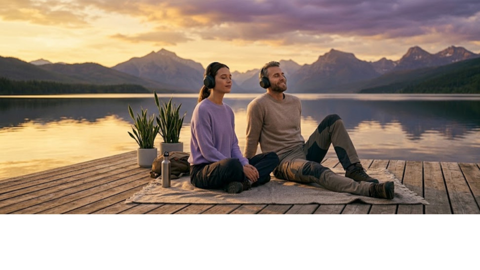 Couple meditating by a lake