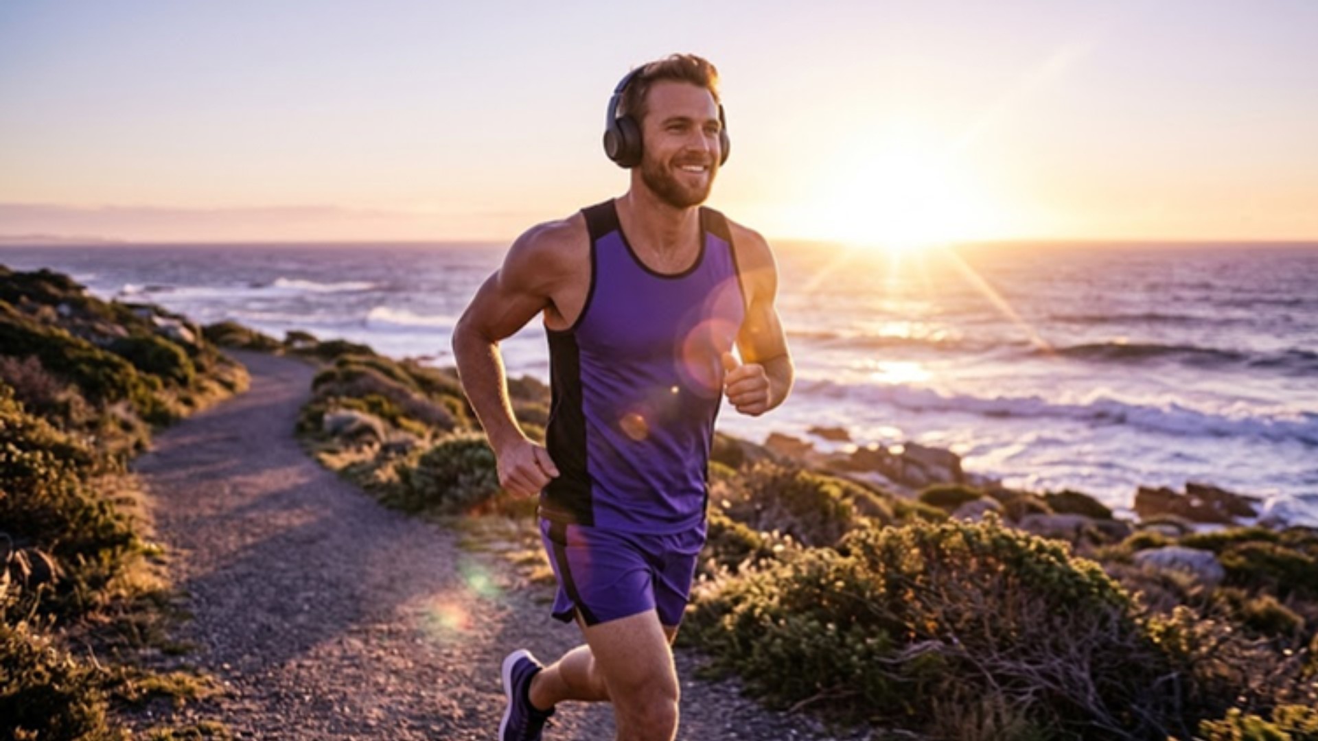 Man running at sunrise with headphones