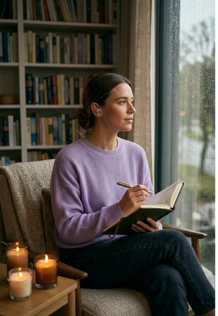 Woman journaling with candles